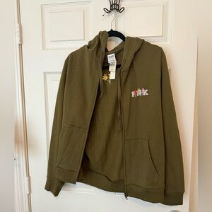 PINK Floral Embroidered Zip up Hoodie